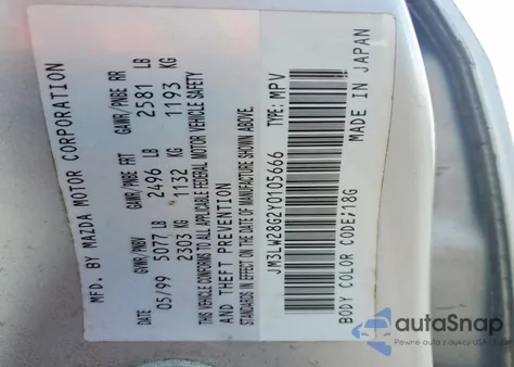 2000 Mazda Mpv Wagon z USA, uszkodzony, nr VIN JM3LW28G2Y0105666